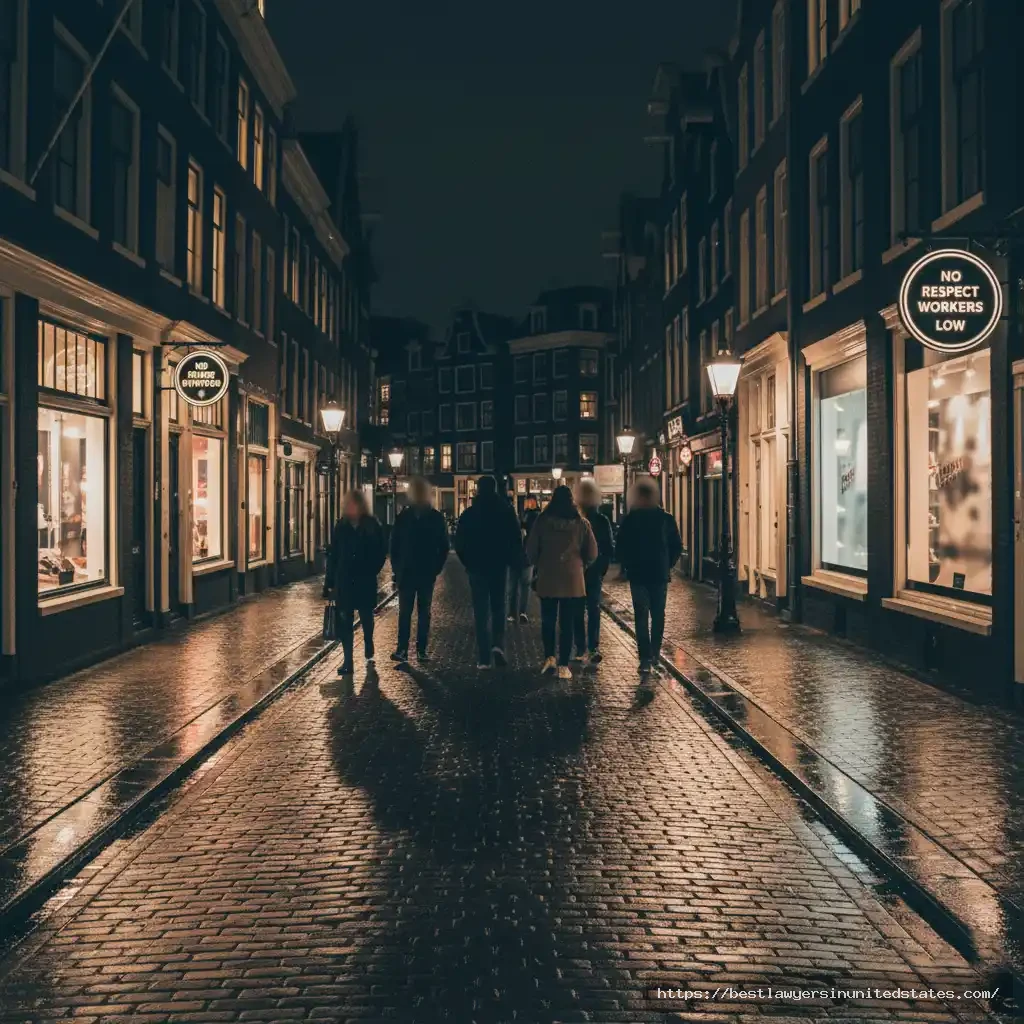 Image of respectful tourists walking through Amsterdam’s Red Light District with visible no-photo signs.