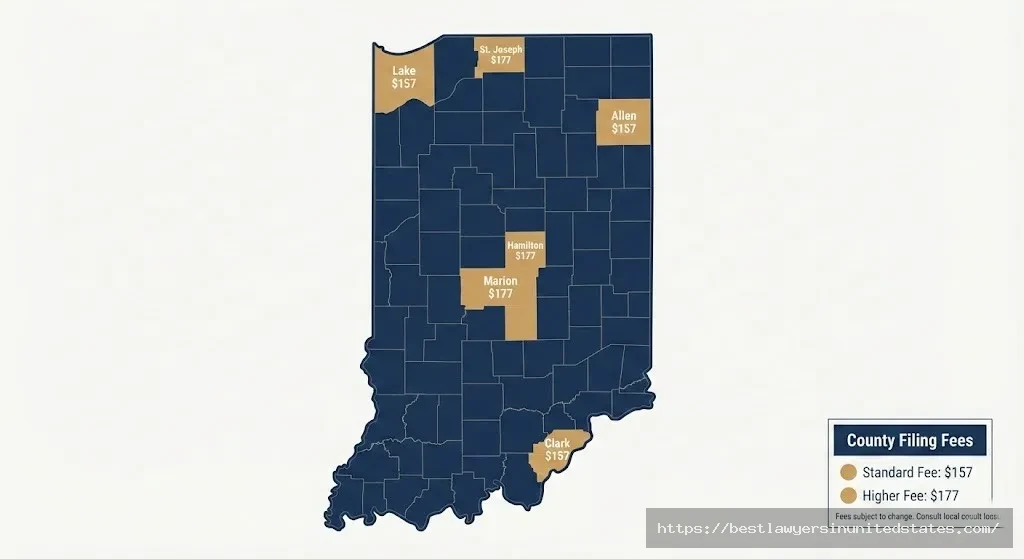 Indiana county map showing divorce filing fees by location including Marion County, Clark County, and other major counties