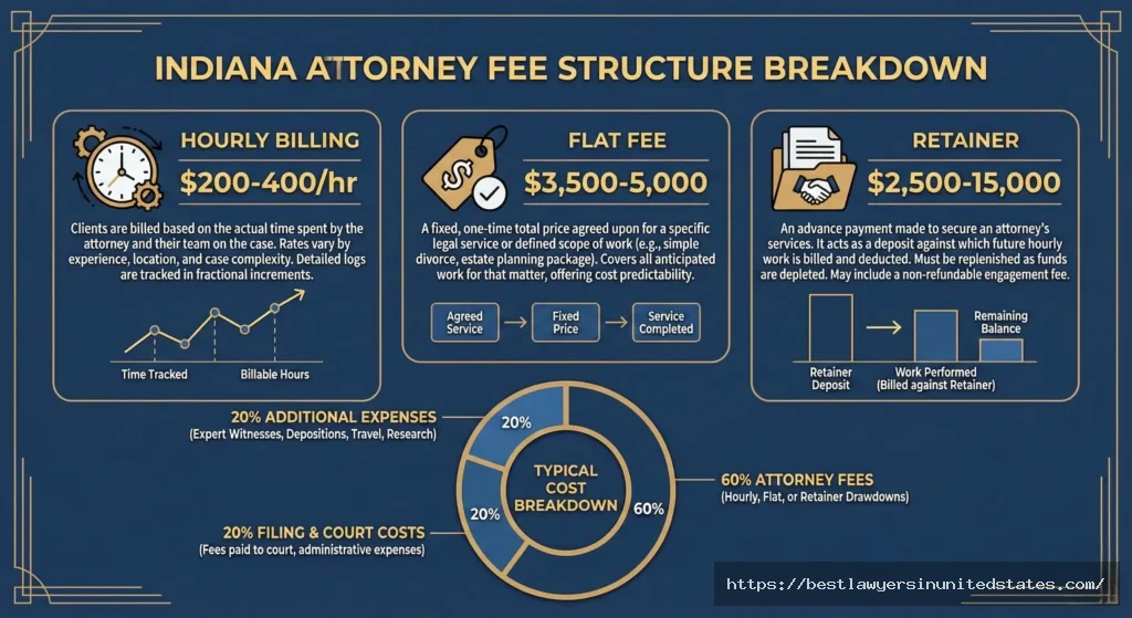 Indiana divorce attorney fee structure infographic showing hourly rates, flat fees, and retainer costs
