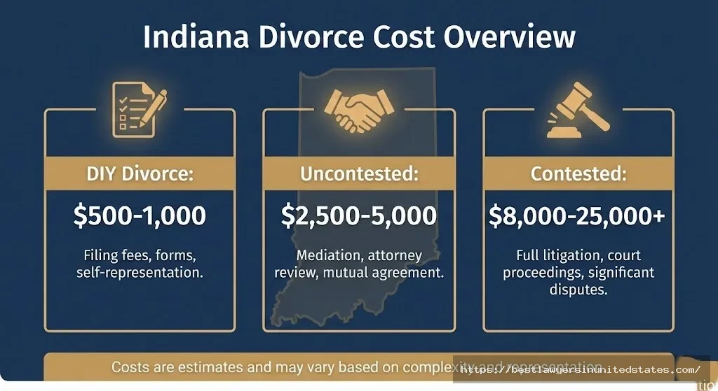 Indiana divorce cost comparison infographic showing DIY, uncontested, and contested divorce price ranges for 2026