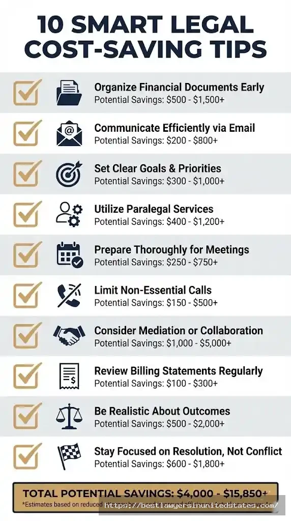 Infographic checklist of 10 ways to reduce collaborative divorce costs with potential savings amounts