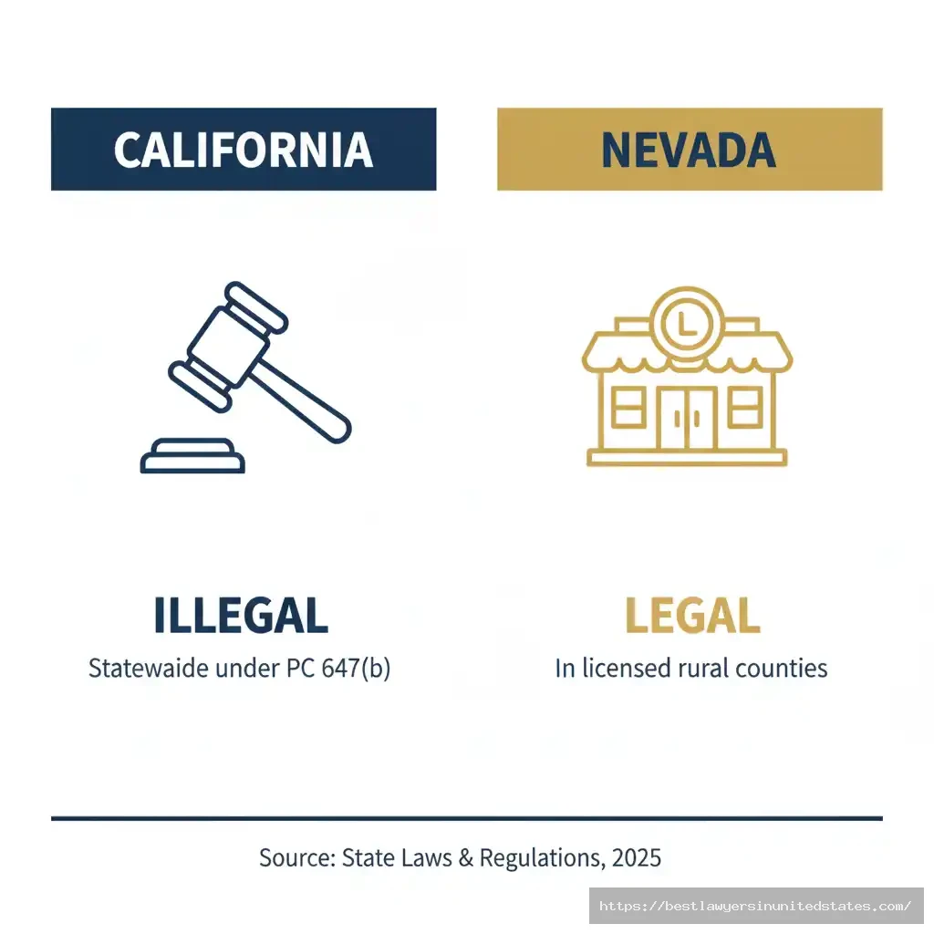 Infographic comparing California and Nevada prostitution laws and enforcement systems