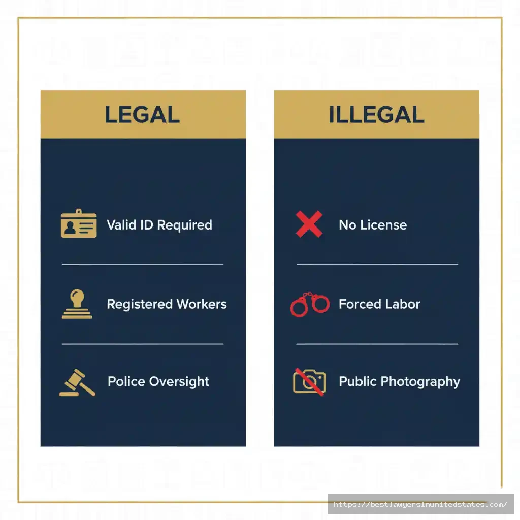 Infographic comparing legal vs illegal prostitution activities in Amsterdam