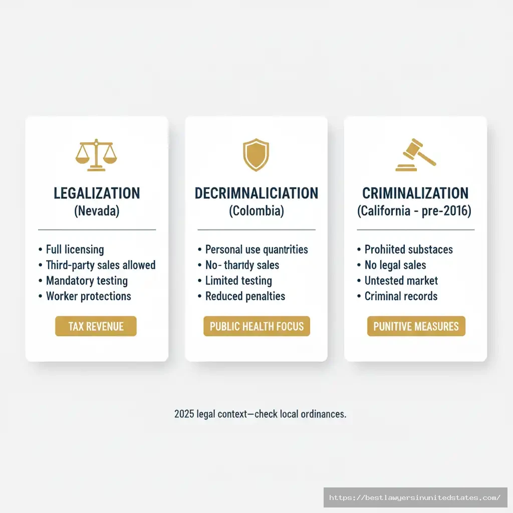 Infographic comparing prostitution models in Colombia, Nevada, and California with key differences.