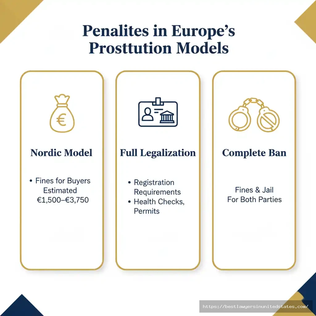 Infographic comparing prostitution penalties under various European legal systems.