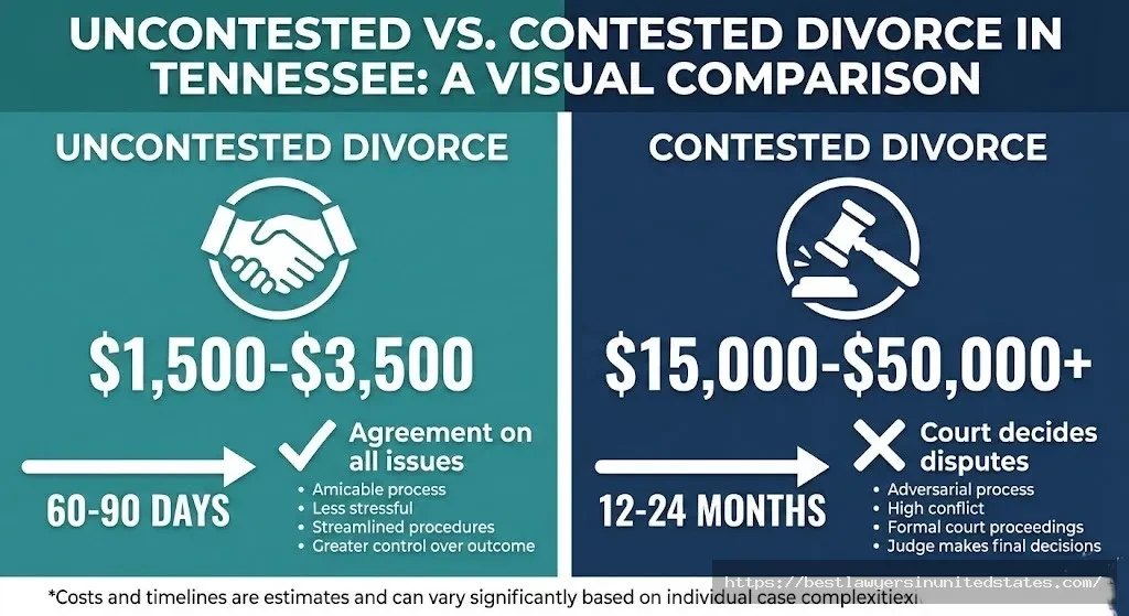 Infographic comparing uncontested divorce cost $1,500-$3,500 versus contested divorce cost $15,000-$50,000+ in Tennessee
