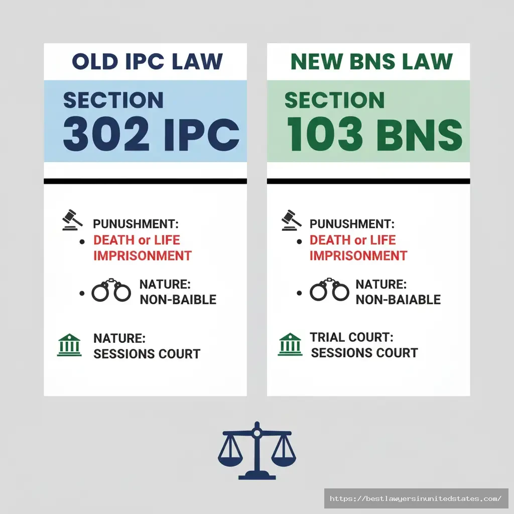 Infographic comparison of Section 302 IPC and Section 103 BNS legal provisions for murder
