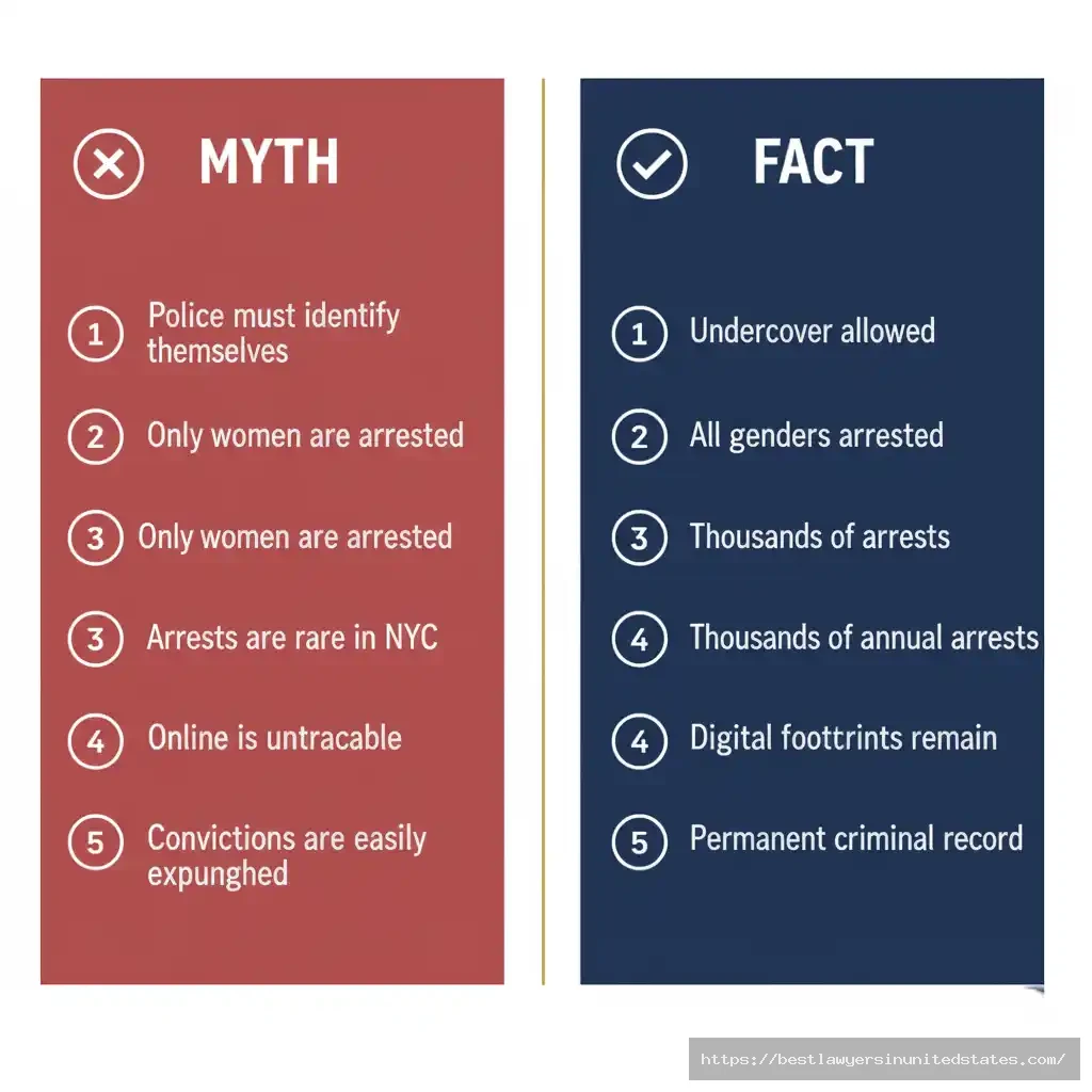 Infographic debunking common myths about prostitution laws in New York with legal facts