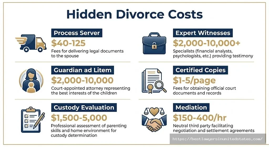 Infographic detailing hidden Indiana divorce costs including process server fees, guardian ad litem, custody evaluations, and expert witnesses