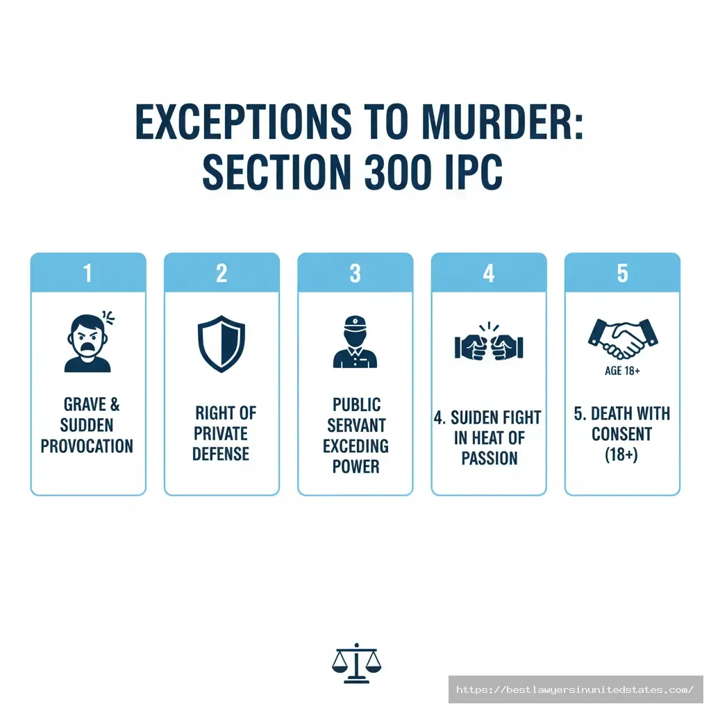 Infographic explaining five exceptions under Section 300 IPC reducing murder to culpable homicide.