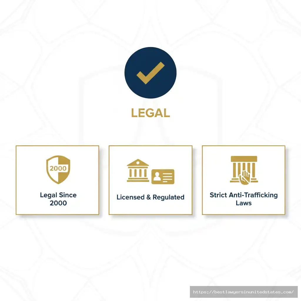 Infographic explaining that prostitution is legal in Amsterdam with key points on regulation and legality.