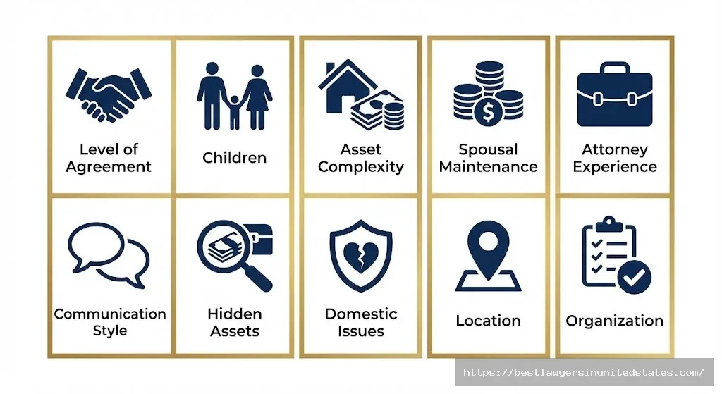 Infographic grid showing 10 key factors affecting Minnesota divorce costs including agreement level, children, assets, maintenance, and attorney experience