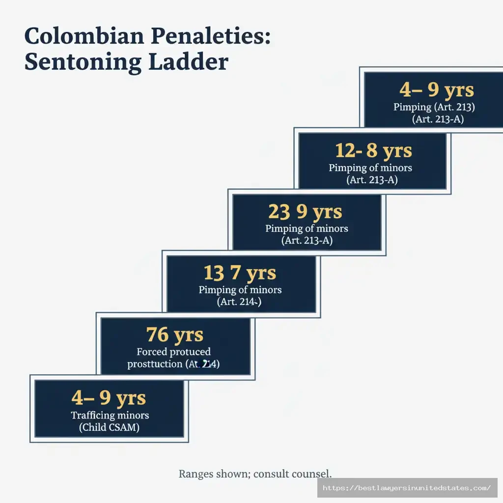 Infographic ladder illustrating Colombian sentencing ranges for prostitution-related crimes