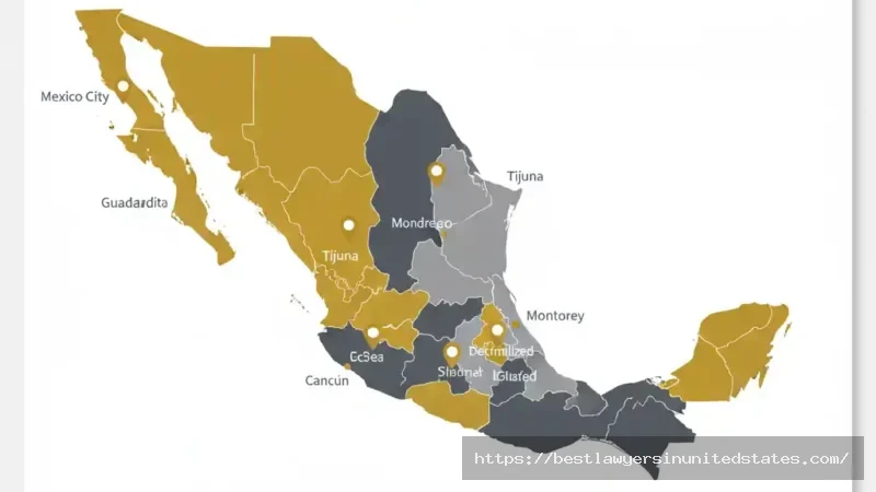 Infographic map of Mexico showing prostitution legal status by state in 2025 with color-coded regions