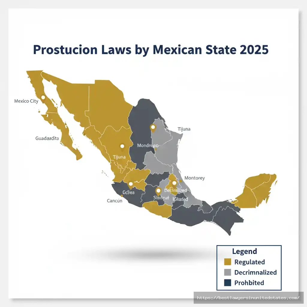Infographic map of Mexico showing prostitution legal status by state in 2025 with color-coded regions