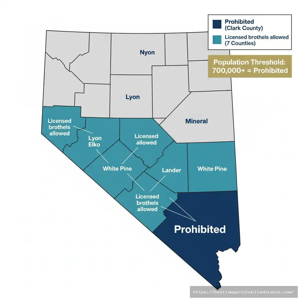 Infographic map of Nevada showing counties where licensed brothels are allowed versus prohibited