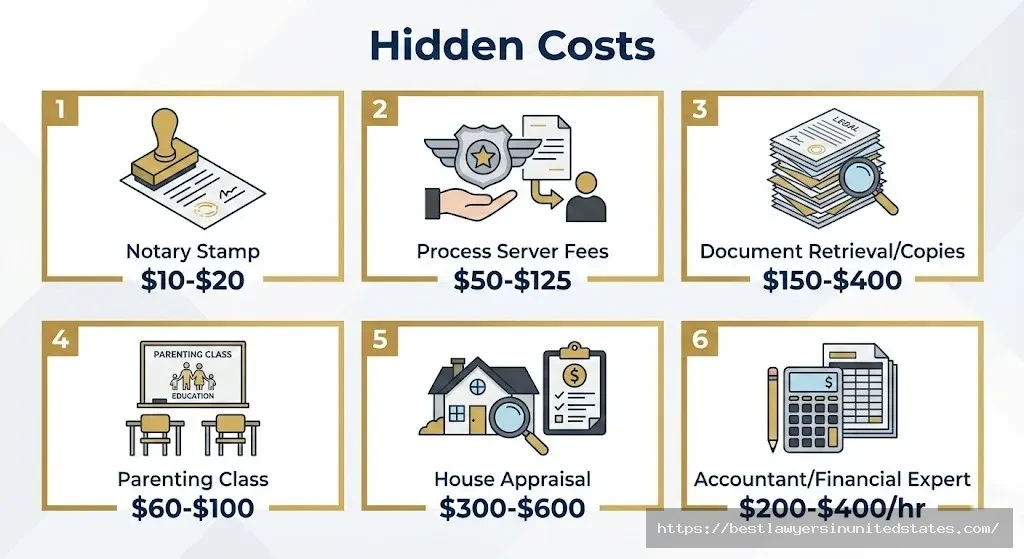 Infographic of hidden Kansas divorce costs including notary fees, service fees, document preparation, parenting classes, and expert fees