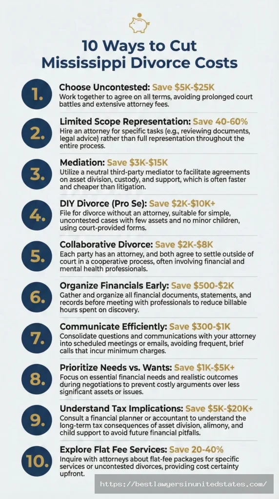 Infographic showing 10 proven strategies to reduce Mississippi divorce costs with specific dollar savings for each method
