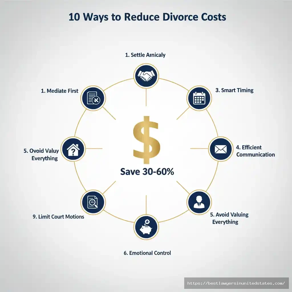 Infographic showing 10 strategies to reduce Florida divorce costs including mediation and organization tips