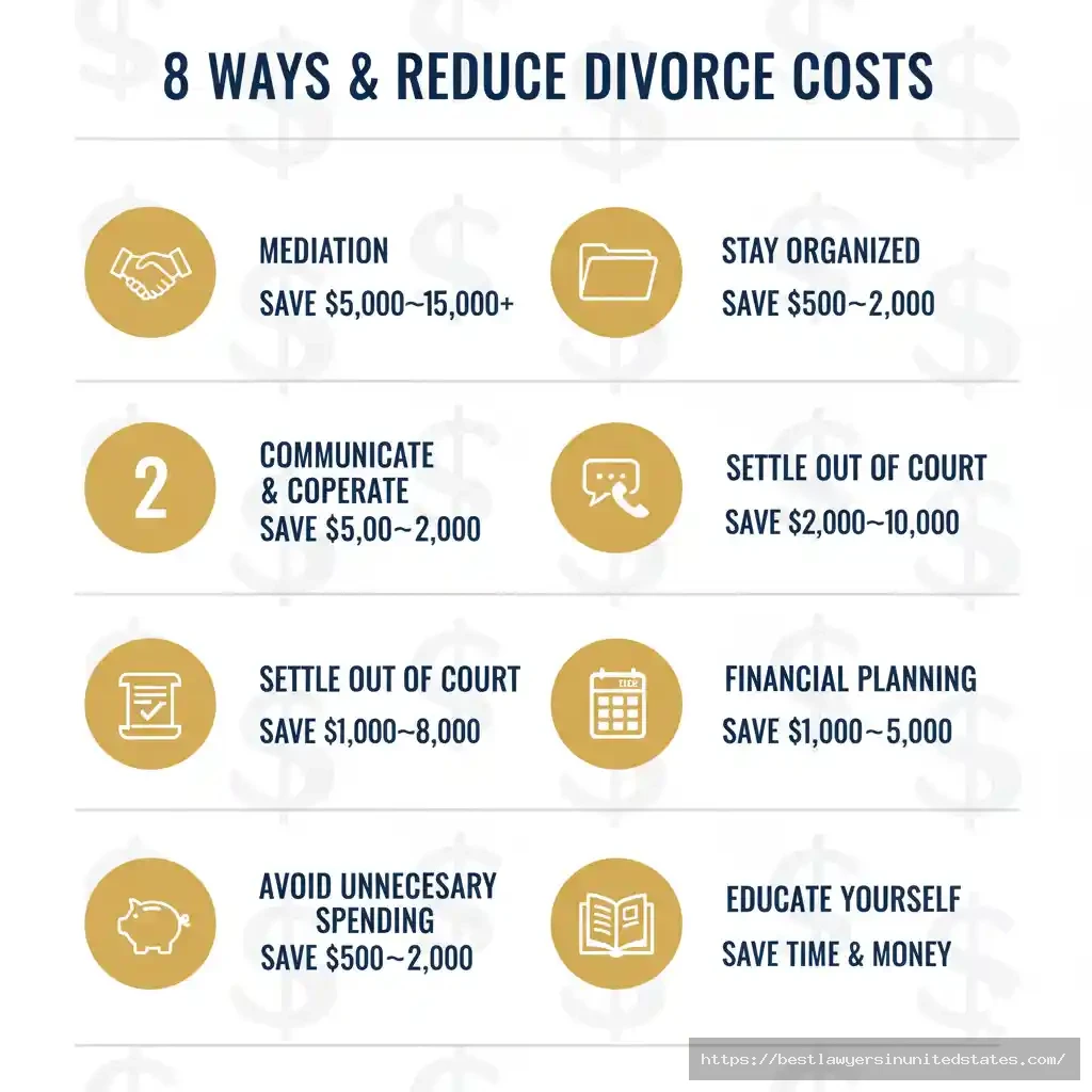 Infographic showing 8 strategies to reduce Ohio divorce costs including mediation, organization and settlement options