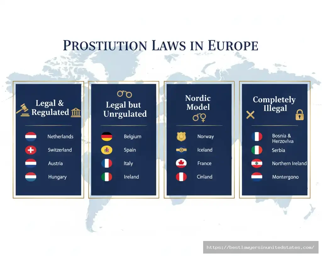 Infographic showing European countries categorized by prostitution law status 2025