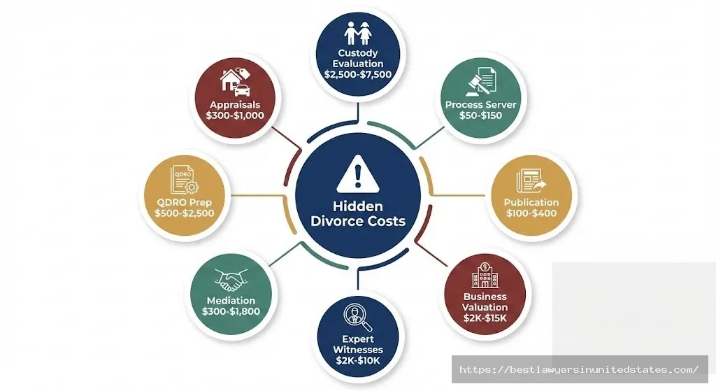 Infographic showing eight hidden Kentucky divorce costs including QDRO preparation, expert witnesses, and custody evaluations