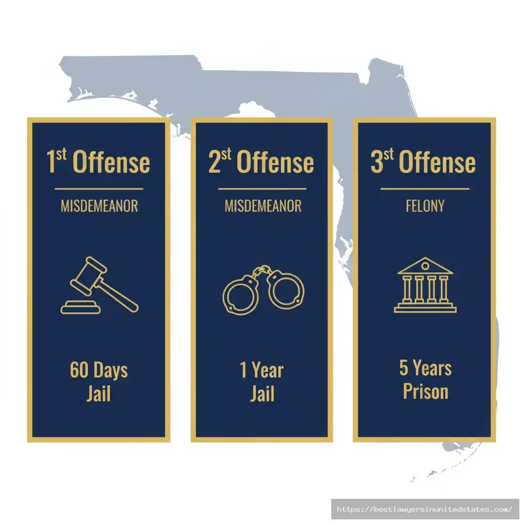 Infographic showing penalties for prostitution offenses in Florida with navy and gold icons.