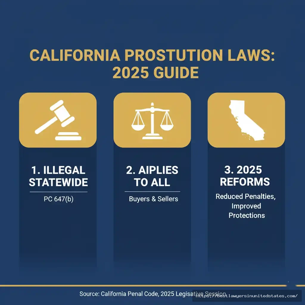 Infographic showing prostitution law facts in California under Penal Code 647(b) and 2025 reforms