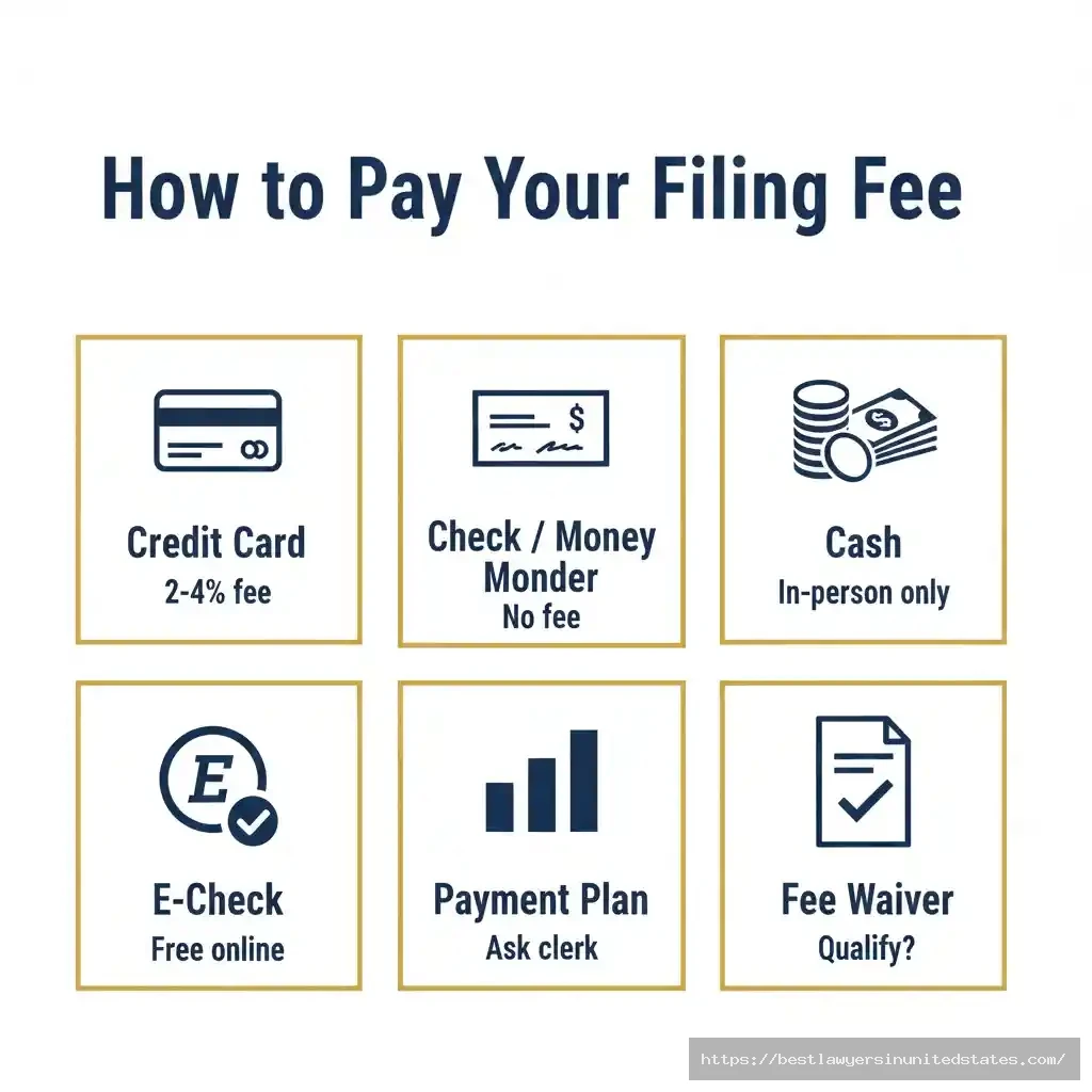 Infographic showing six payment methods for divorce filing fees including credit card, check, cash, and fee waiver options