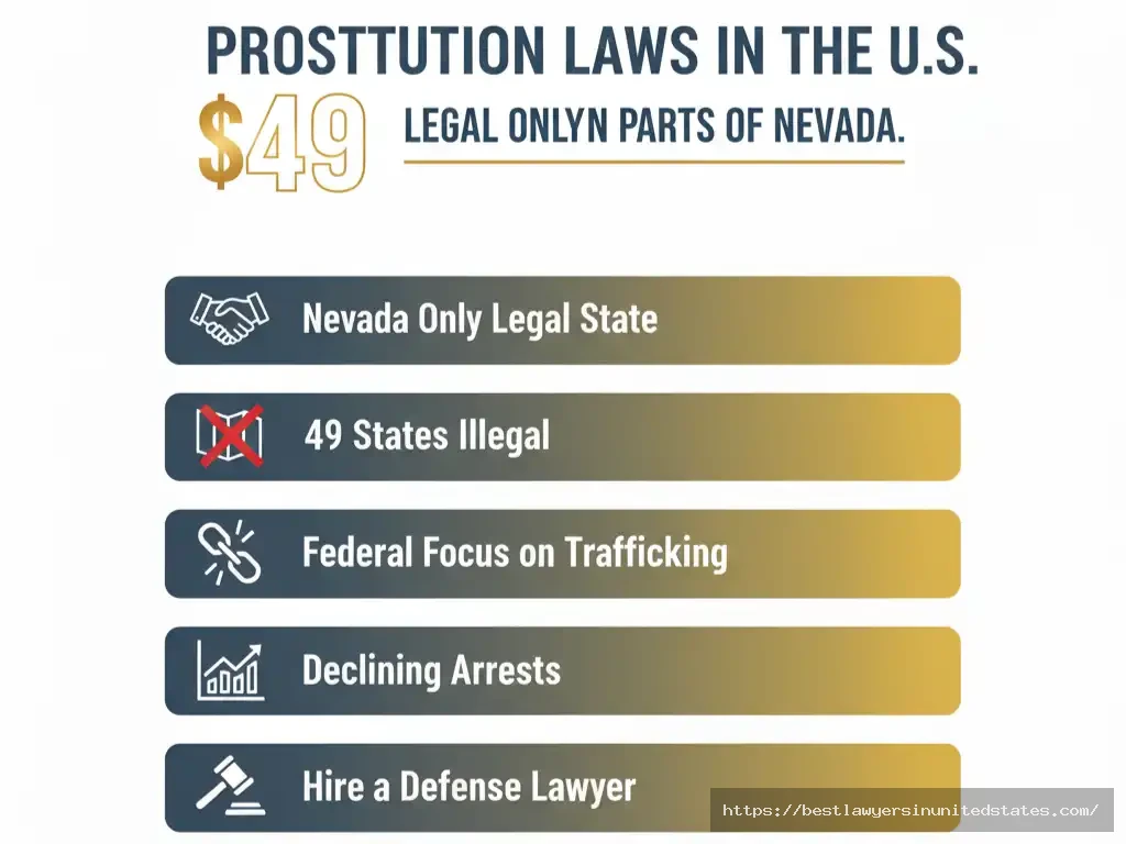 Infographic summarizing key facts about prostitution legality in the United States.