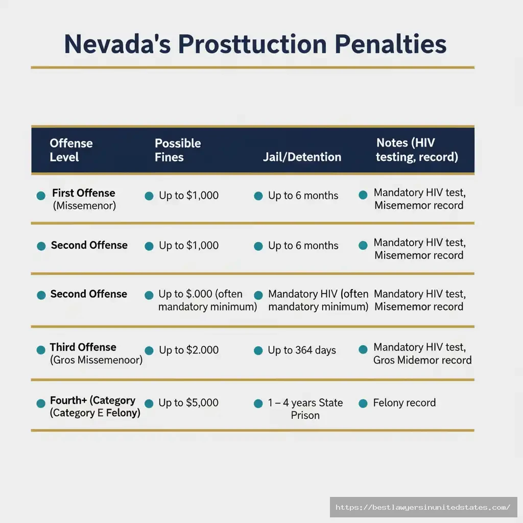 Infographic table detailing penalties for prostitution offenses in Las Vegas by offense count