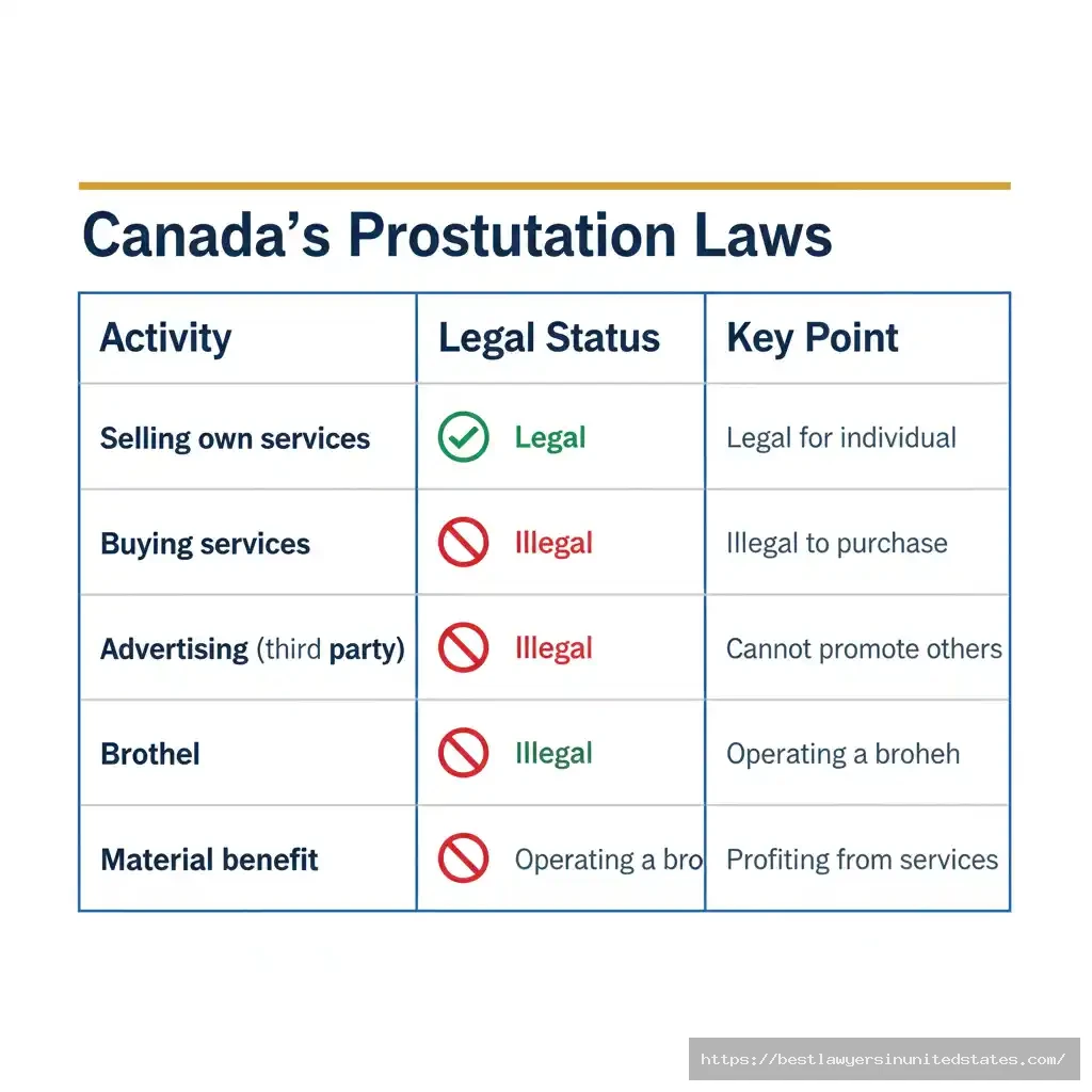 Infographic table showing what’s legal and illegal in Canadian prostitution laws.
