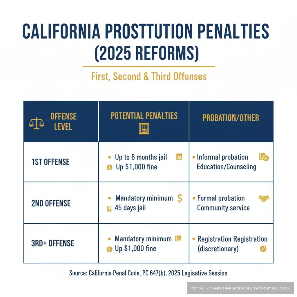 Infographic table summarizing prostitution penalties and fines in California 2025