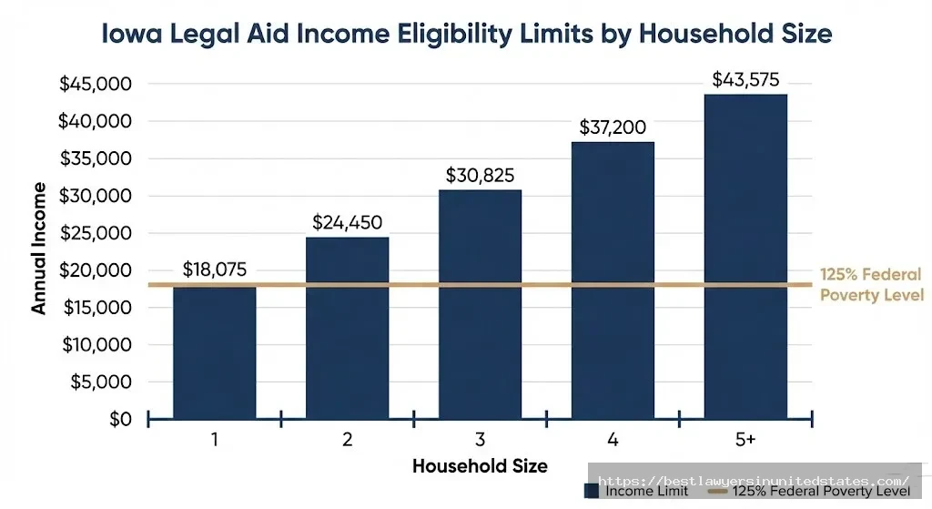 Iowa Legal Aid income eligibility chart by household size for free divorce legal services in 2026