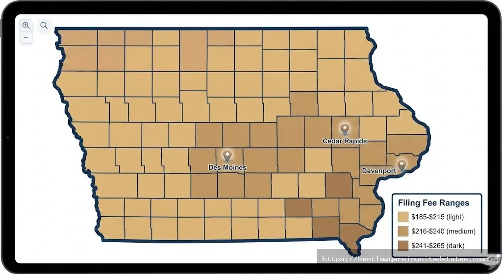 Iowa county divorce filing fees map showing cost variations across all 99 counties in 2026