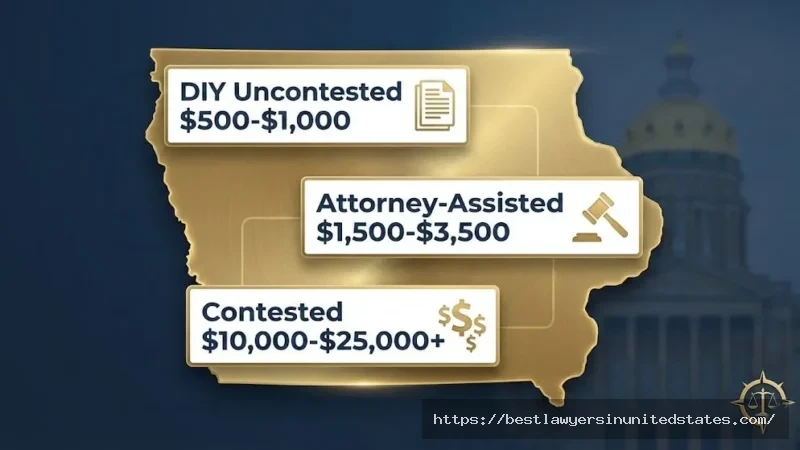 Iowa divorce cost breakdown showing DIY, attorney-assisted, and contested divorce price ranges for 2026