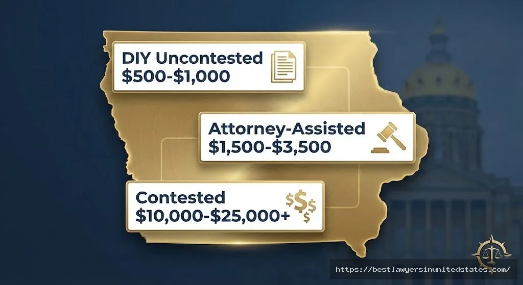 Iowa divorce cost breakdown showing DIY, attorney-assisted, and contested divorce price ranges for 2026