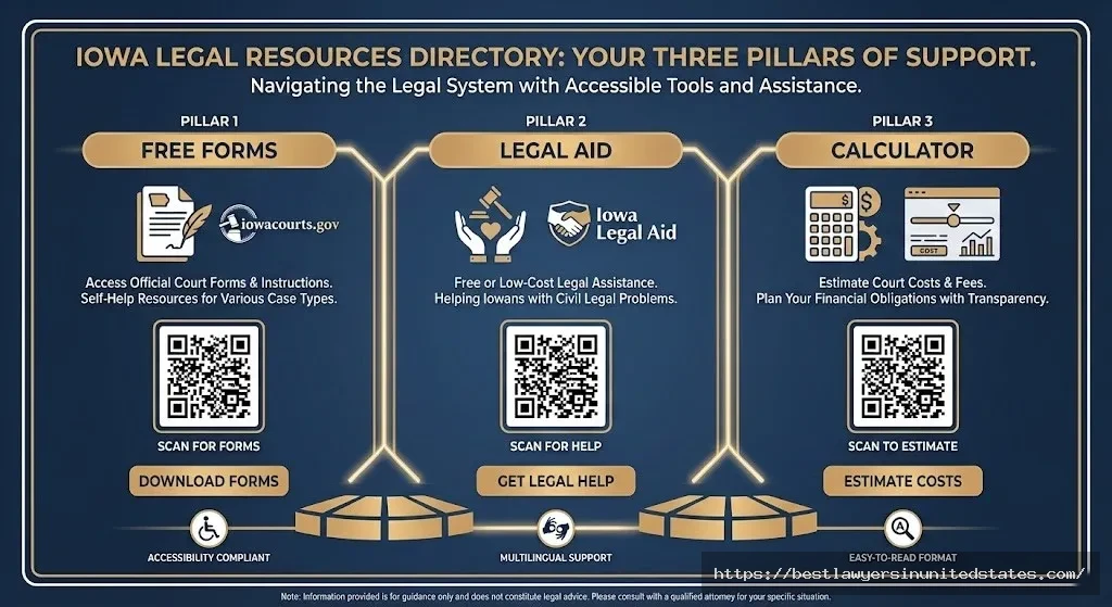 Iowa divorce resources hub showing free forms, legal aid services, and cost calculator tools