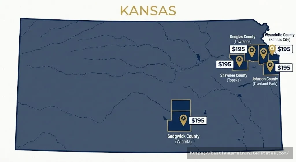Kansas county map showing divorce filing fees of $195 across Sedgwick, Johnson, Wyandotte, Shawnee, and Douglas counties