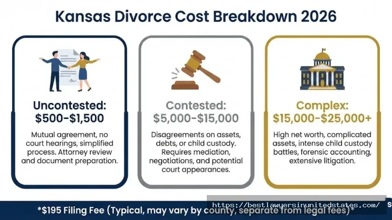 Kansas divorce cost breakdown 2026 showing uncontested, contested, and complex divorce price ranges with $195 filing fee
