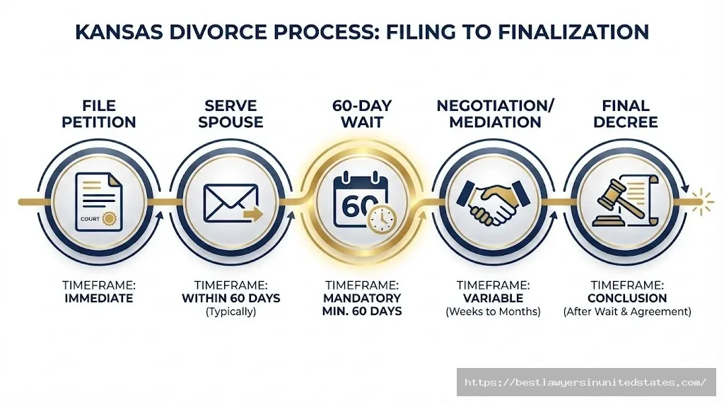Kansas divorce timeline showing 5 steps from filing petition through 60-day waiting period to final decree
