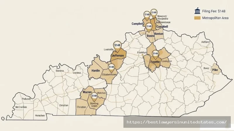 Kentucky county map showing divorce filing fees of $148 across major counties including Jefferson, Fayette, and Kentons