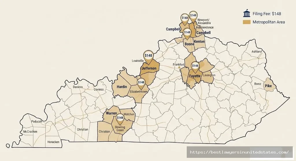Kentucky county map showing divorce filing fees of $148 across major counties including Jefferson, Fayette, and Kentons