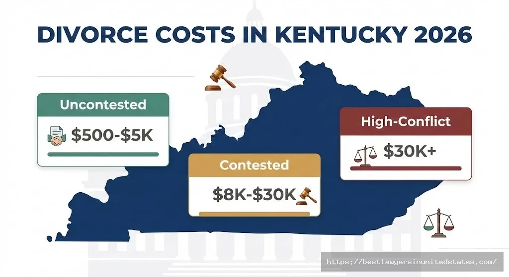Kentucky divorce cost breakdown 2026 showing uncontested, contested, and high-conflict divorce price ranges with state outline