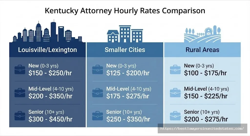 Kentucky divorce lawyer hourly rate comparison showing attorney fees by location and experience level from $100 to $450 per hour