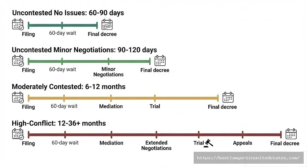 Kentucky divorce timeline comparison showing duration from 60 days for uncontested to 36+ months for high-conflict cases