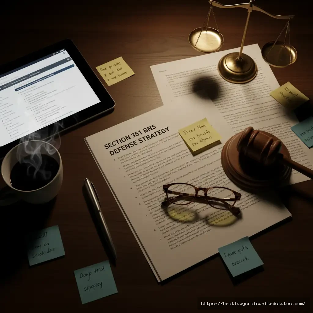 Lawyer's desk showing defense strategy documents for Section 351 BNS criminal intimidation case with legal briefs and case law research