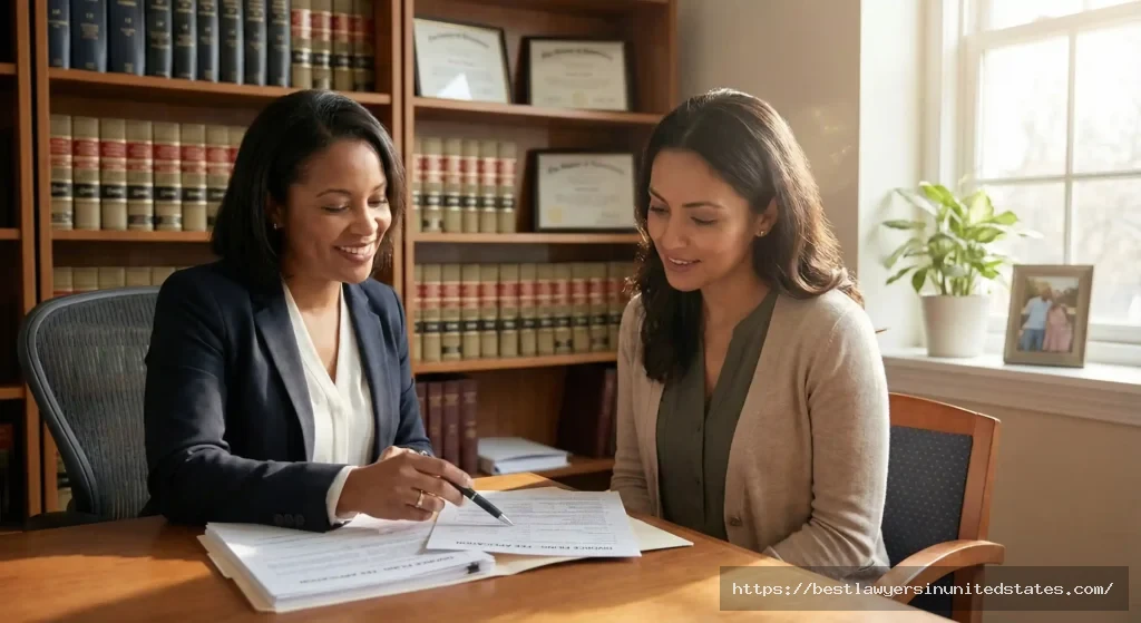 Legal aid attorney helping client review divorce filing fee waiver application in professional office setting