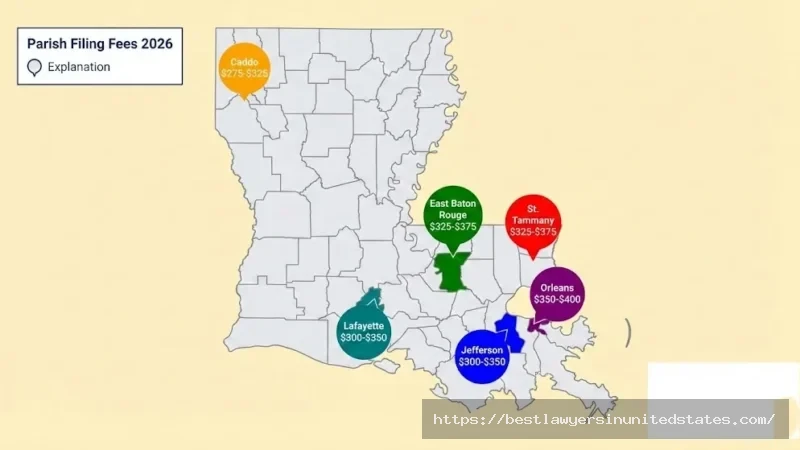 Louisiana parish divorce filing fees map 2026 showing costs from $275 to $400 across Orleans, Jefferson, Baton Rouge, Caddo, Lafayette and St Tammany parishes