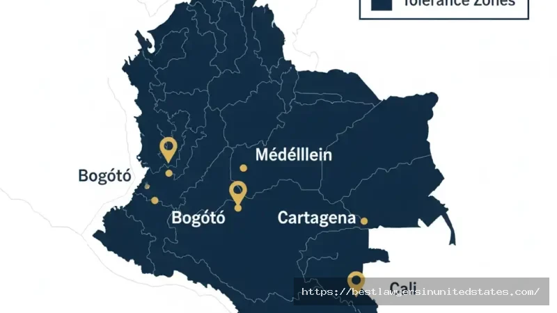 Map of Colombia showing major cities and designated tolerance zones highlighted in brand colors.